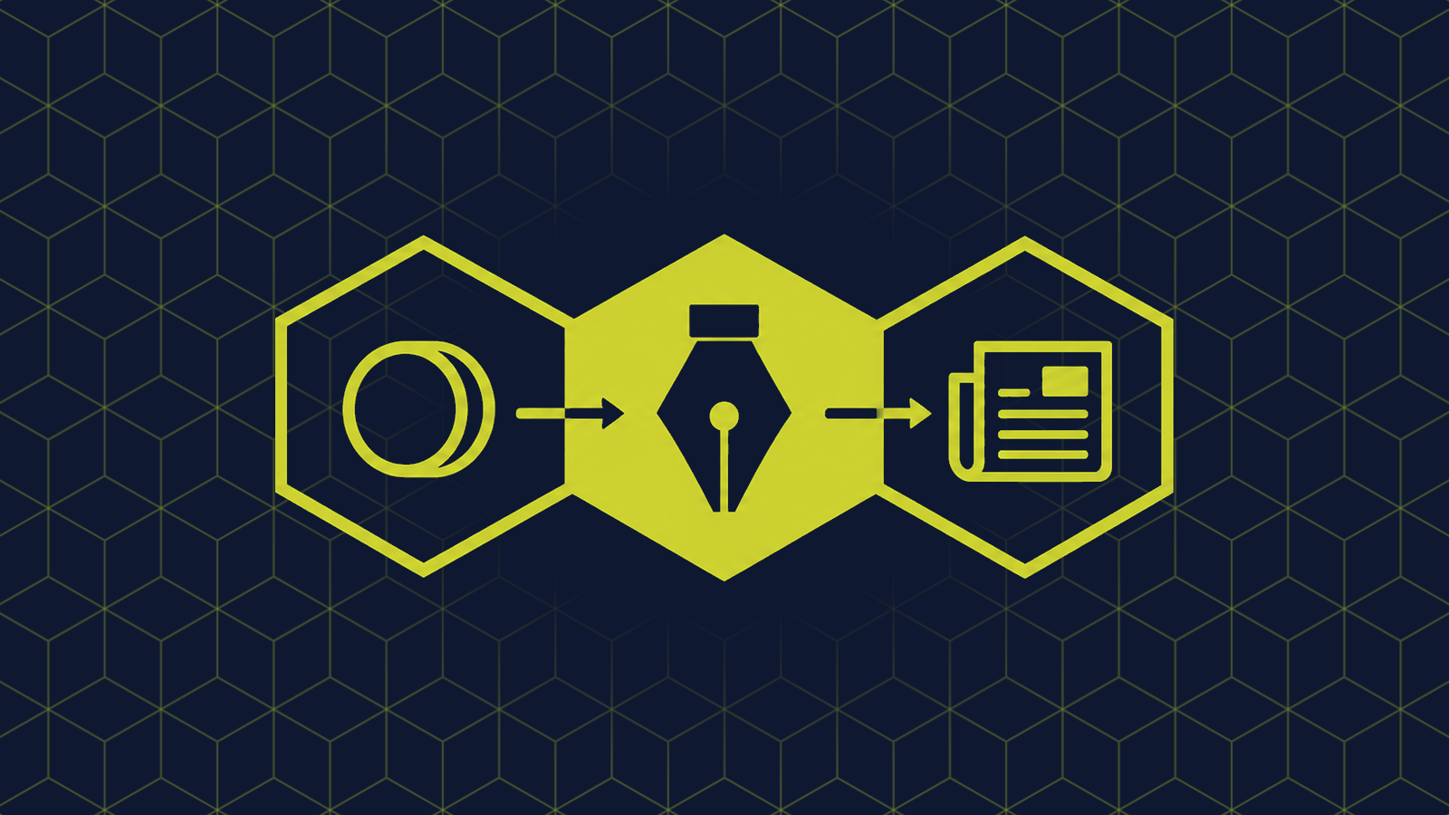 Three honeycomb cells in a row: a coin, a filled cell holding a pen nib, and a newspaper, with arrows running from the coin through the nib to the newspaper.
