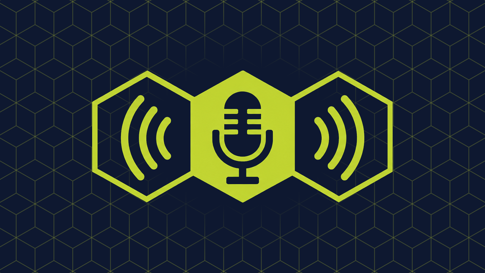 Three honeycomb cells in a row: a filled centre cell holding an old broadcast microphone, with sound waves spreading out in the cells either side.