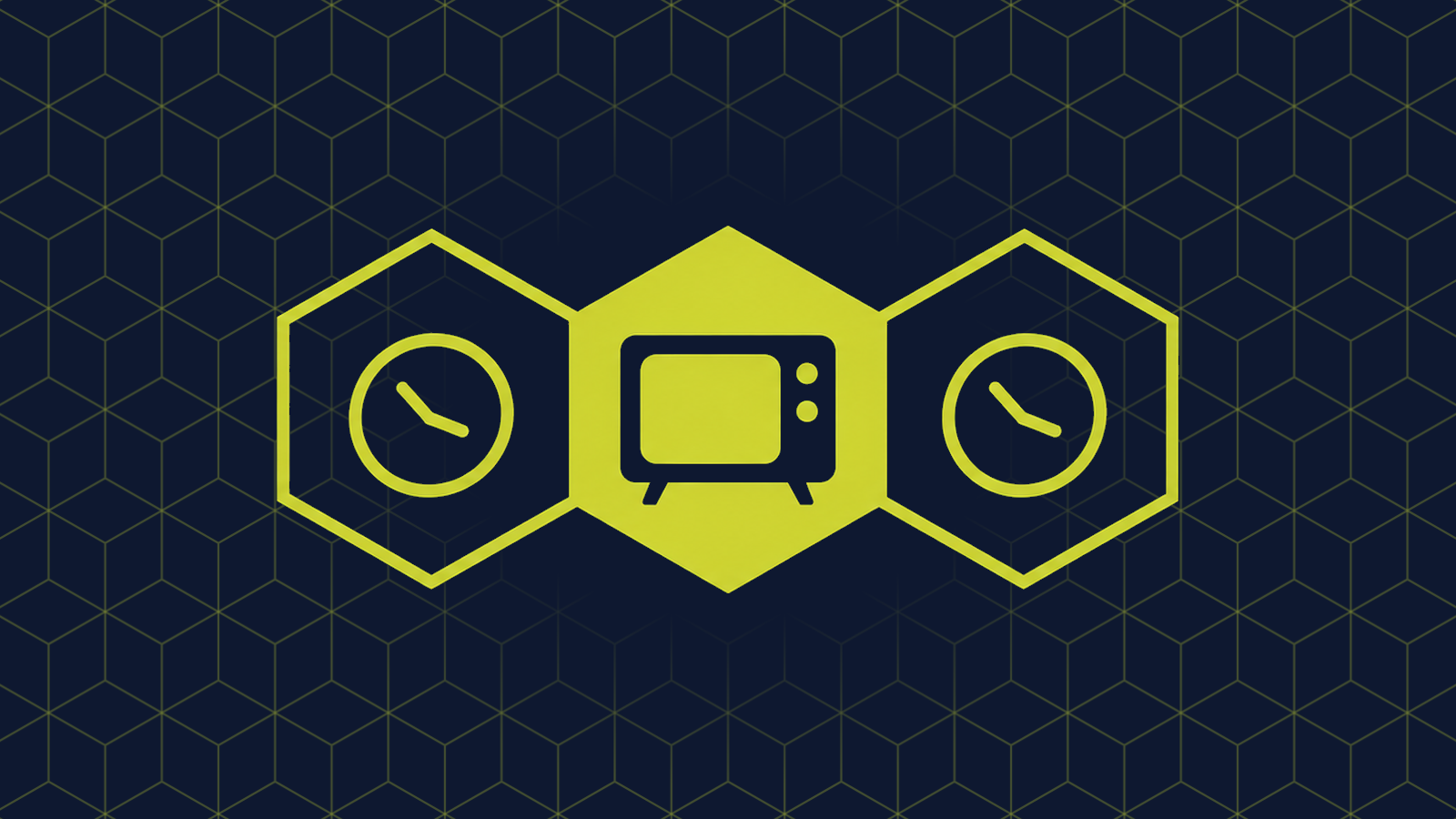 Three honeycomb cells in a row: a filled centre cell holding an early television set, with a clock face in each cell either side.