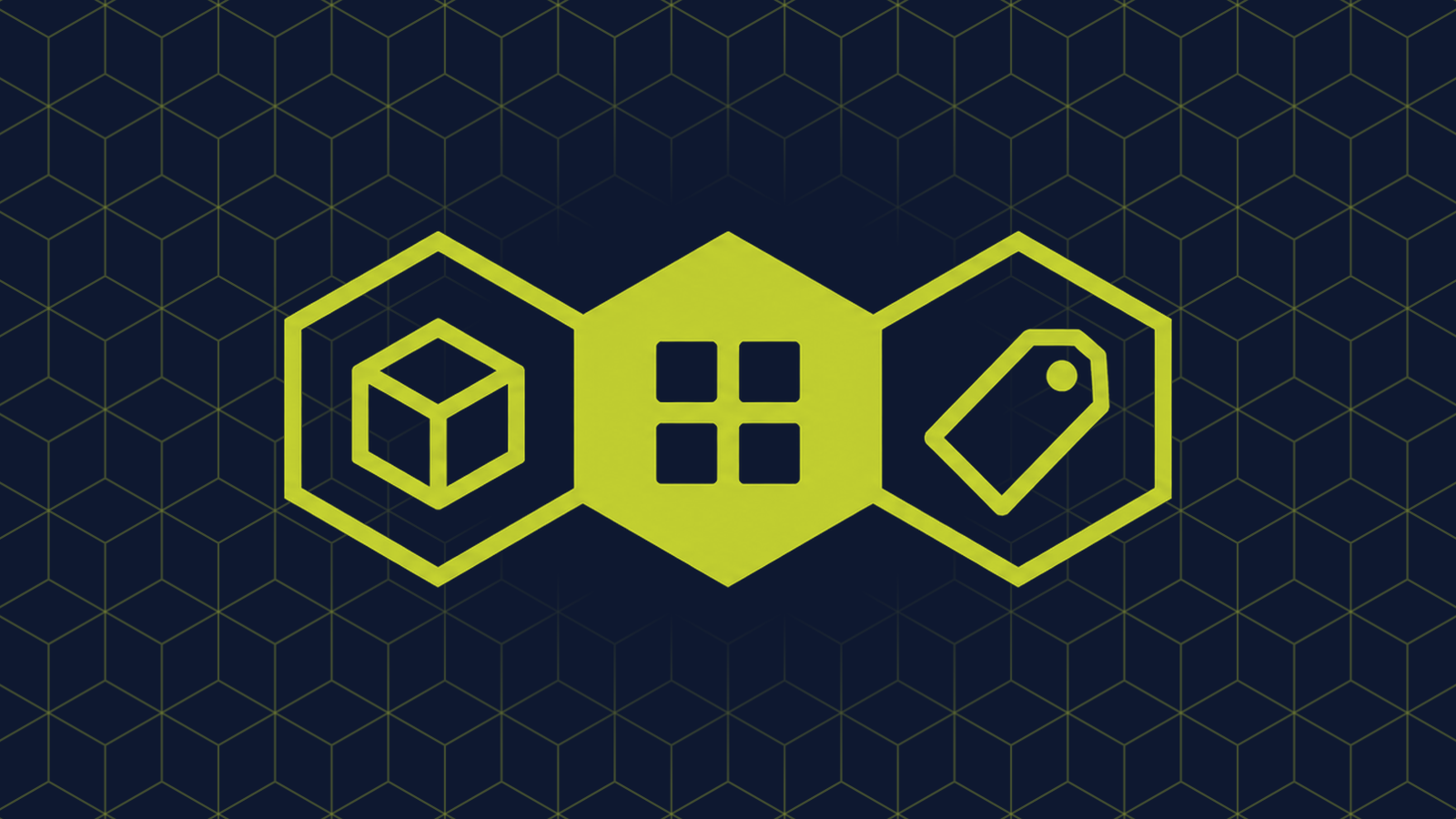 Three honeycomb cells in a row: a filled centre cell holding a grid of four small squares, with a cube and a price tag in the cells either side.