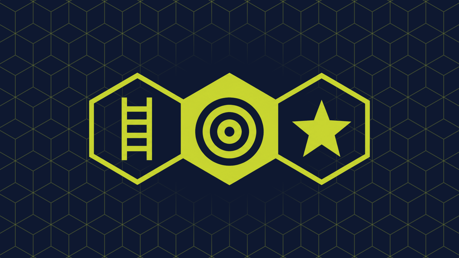 Three honeycomb cells in a row: a filled centre cell holding a target of concentric circles, with a ladder and a single five-pointed star in the cells either side.