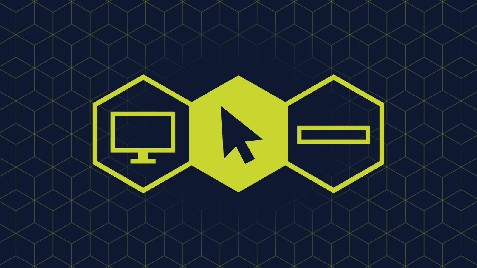 Three honeycomb cells in a row: a filled centre cell holding a mouse pointer arrow, with a computer monitor and a wide thin rectangle in the cells either side.