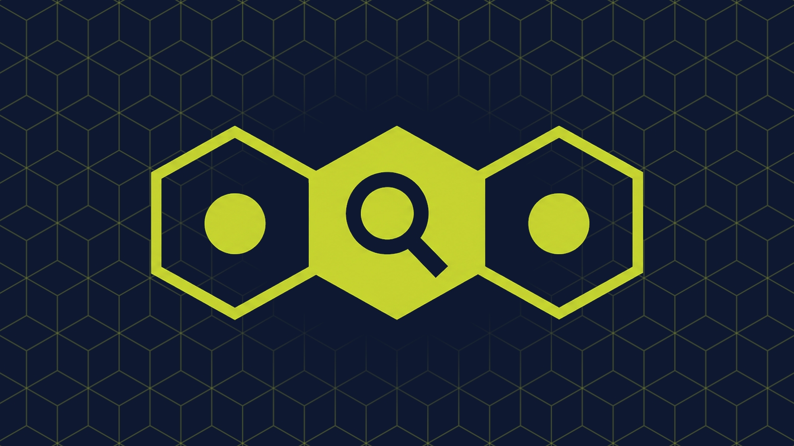 Three honeycomb cells in a row: a filled centre cell holding a magnifying glass, with a coin in each cell either side.
