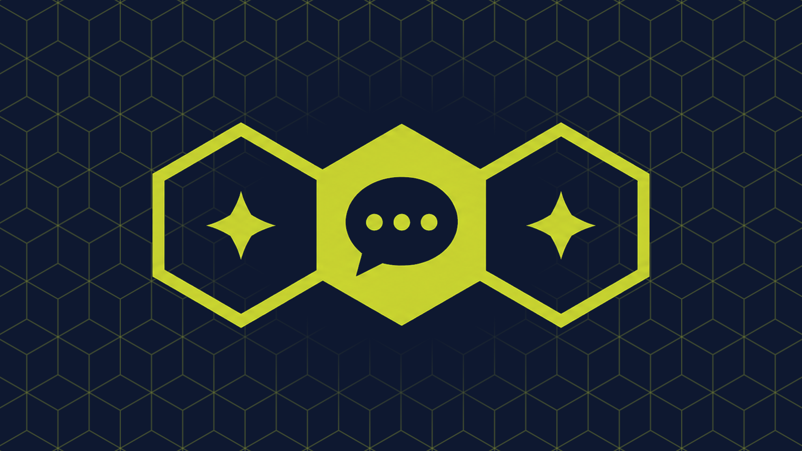 Three honeycomb cells in a row: a filled centre cell holding a speech bubble with three dots, with a sparkle in each cell either side.
