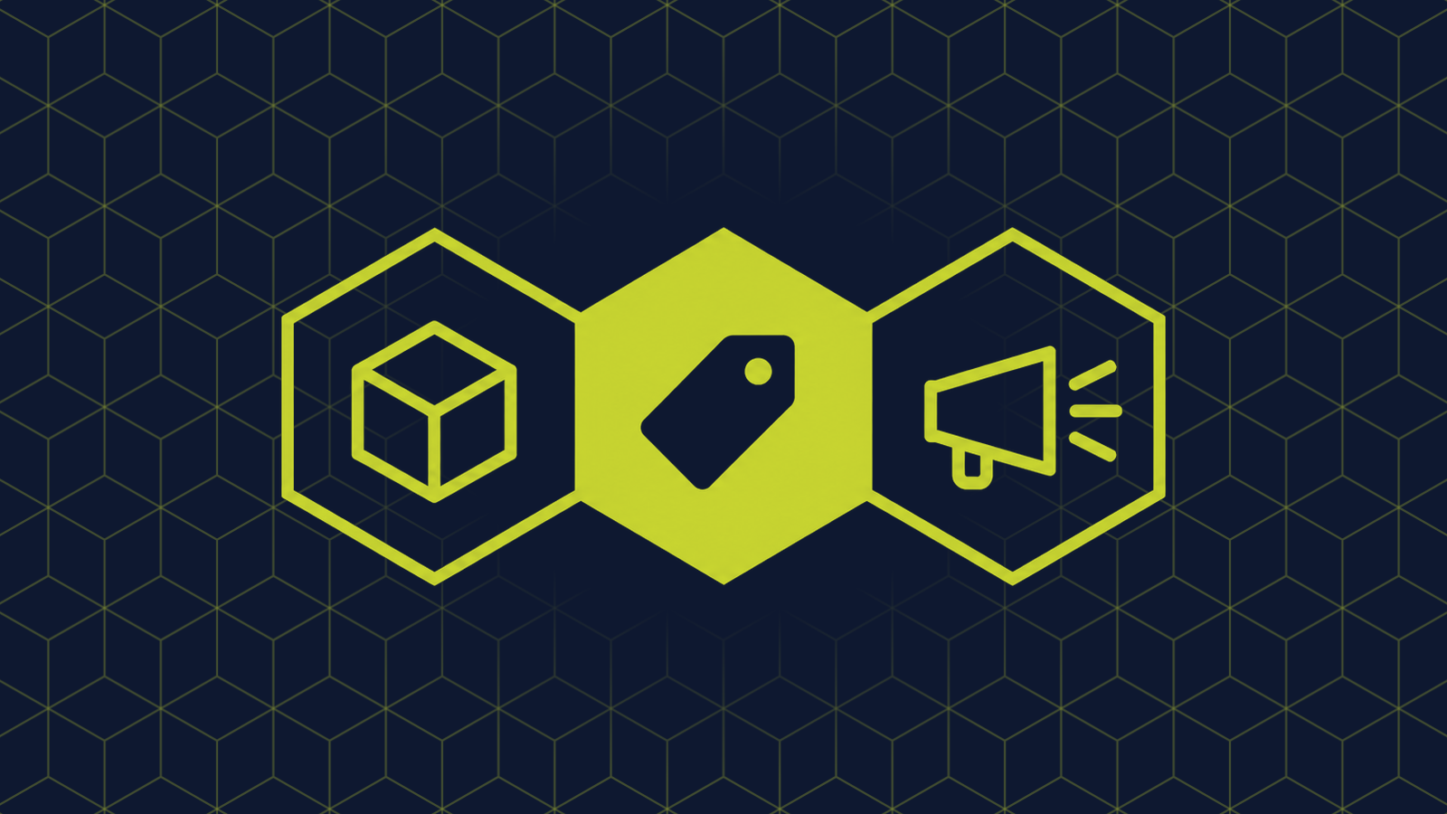 Three honeycomb cells in a row: a filled centre cell holding a price tag, with a cube and a megaphone in the cells either side.