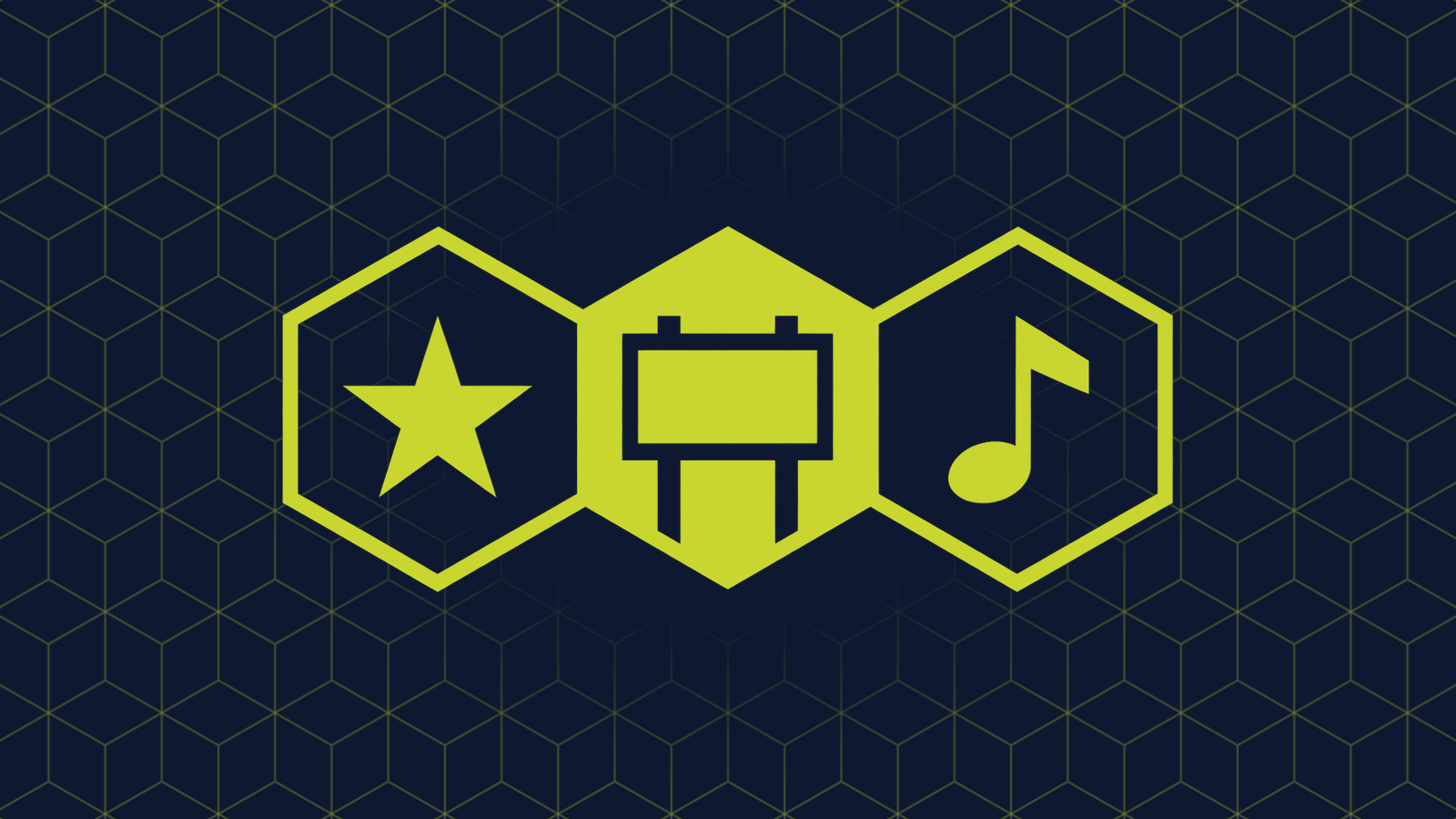 Three honeycomb cells in a row: a filled centre cell holding an empty billboard frame on two posts, with a five-pointed star and a single musical note in the cells either side.