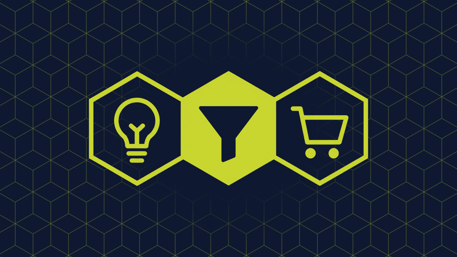 Three honeycomb cells in a row: a filled centre cell holding a funnel, with a lightbulb and a shopping cart in the cells either side.