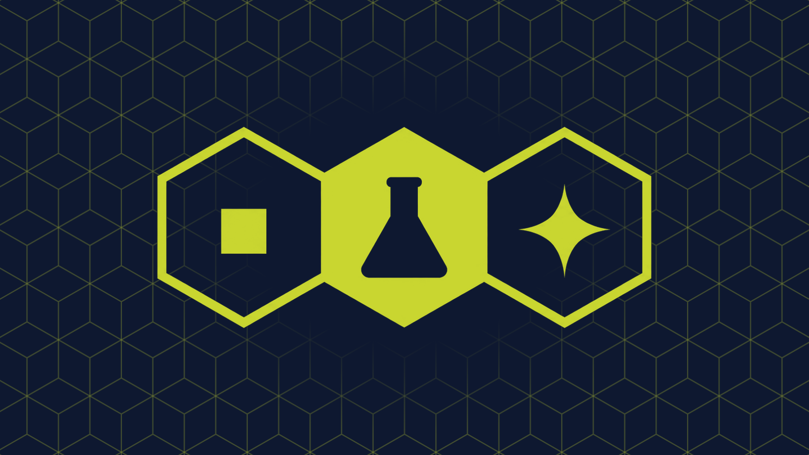 Three honeycomb cells in a row: a filled centre cell holding a conical laboratory flask, with a small square block and a four-pointed sparkle in the cells either side.