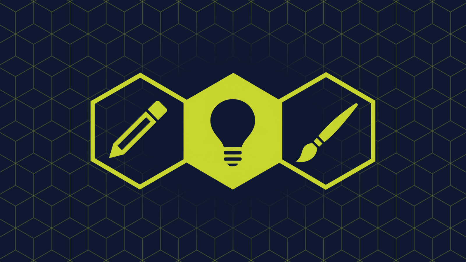 Three honeycomb cells in a row: a filled centre cell holding a lightbulb, with a pencil and a paintbrush in the cells either side.