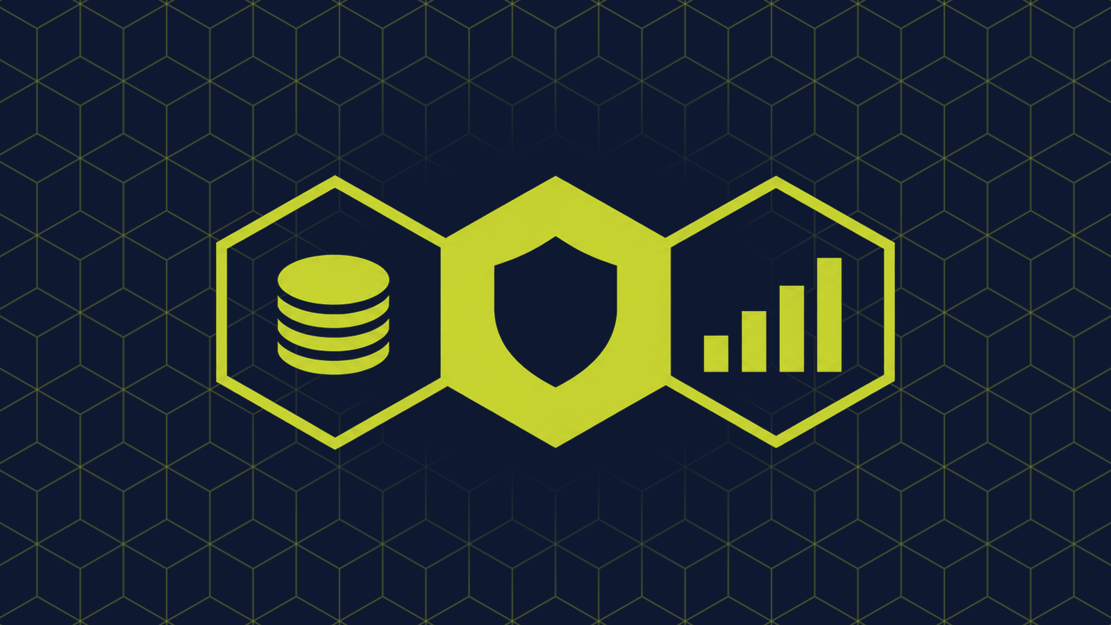 Three honeycomb cells in a row: a filled centre cell holding a shield, with a stack of round coins and a bar chart rising left to right in the cells either side.