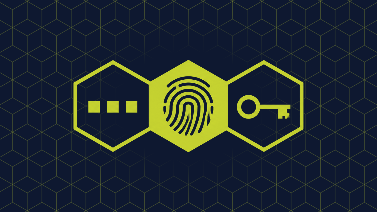 Three honeycomb cells in a row: a filled centre cell holding a fingerprint made of concentric curved lines, with three small colour swatch squares in a row and a simple key in the cells either side.