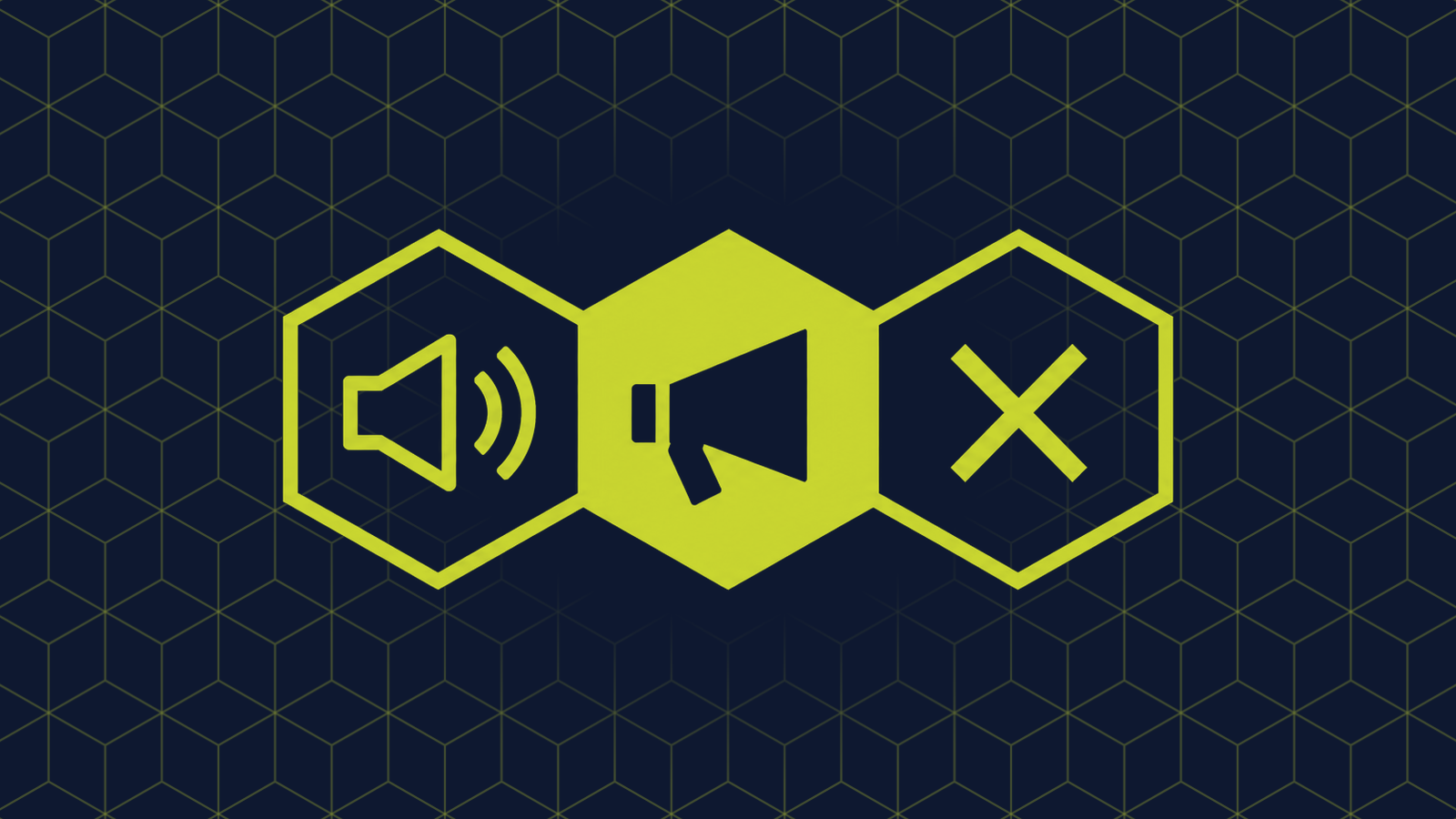 Three honeycomb cells in a row: a filled centre cell holding a megaphone, with a loudspeaker and a cross mark made of two short diagonal strokes in the cells either side.