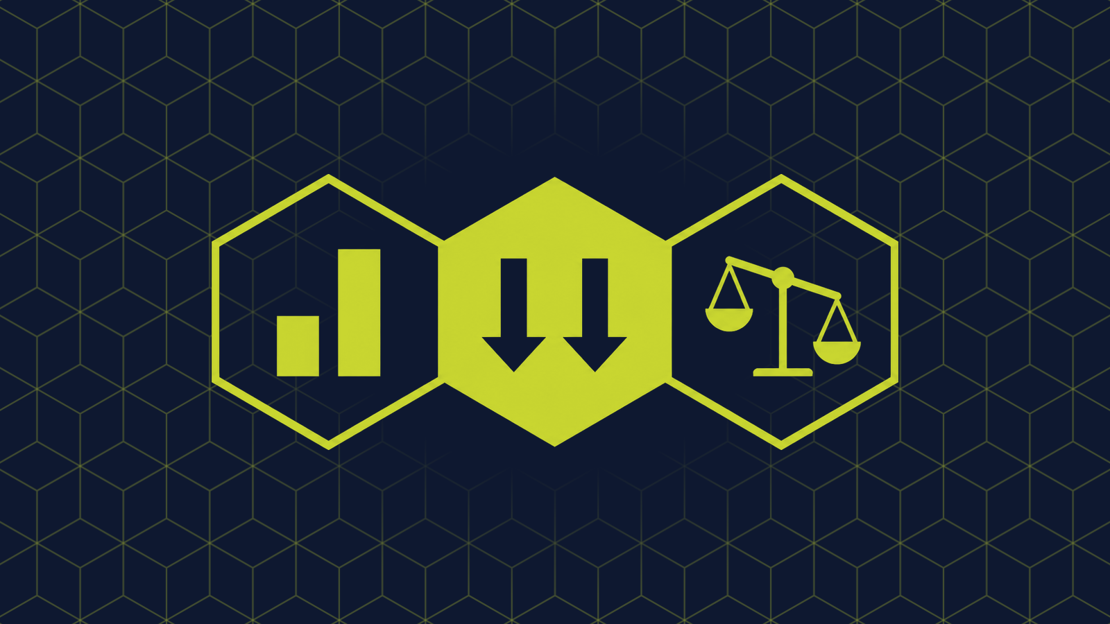 Three honeycomb cells in a row: a filled centre cell holding two downward arrows side by side, with a short bar beside a tall bar and a balance scale tipped to one side in the cells either side.