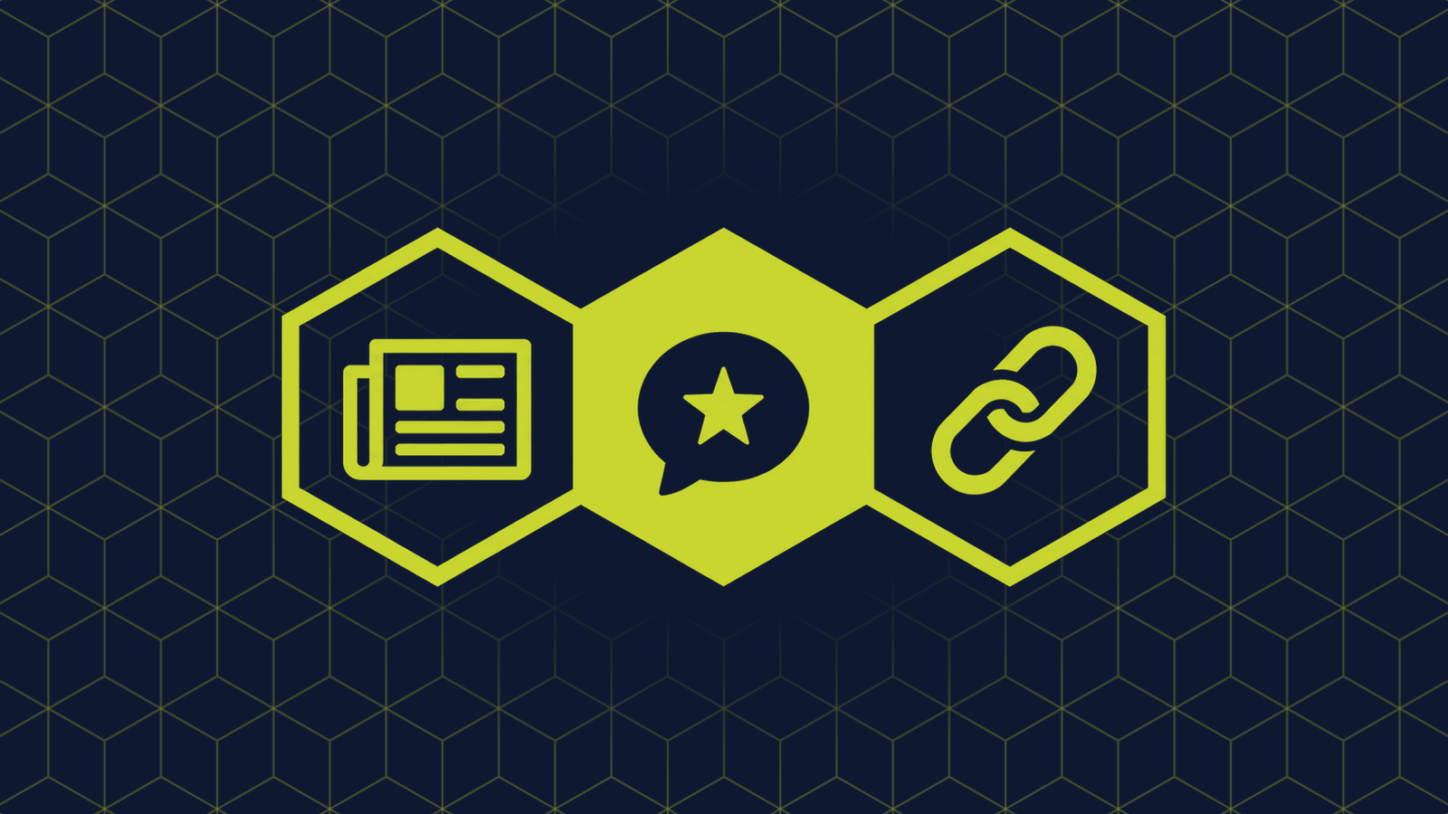 Three honeycomb cells in a row: a filled centre cell holding a speech bubble with a small star inside, with a folded newspaper and two linked chain links in the cells either side.