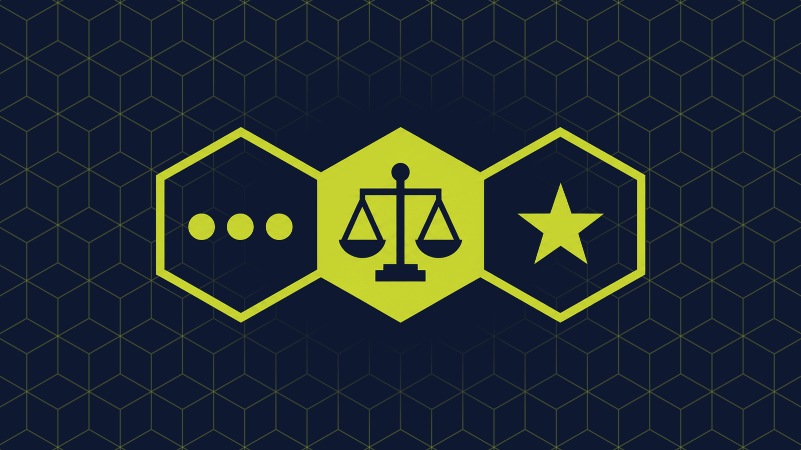 Three honeycomb cells in a row: a filled centre cell holding a balance scale, with three small circles in a row and a single five-pointed star in the cells either side.