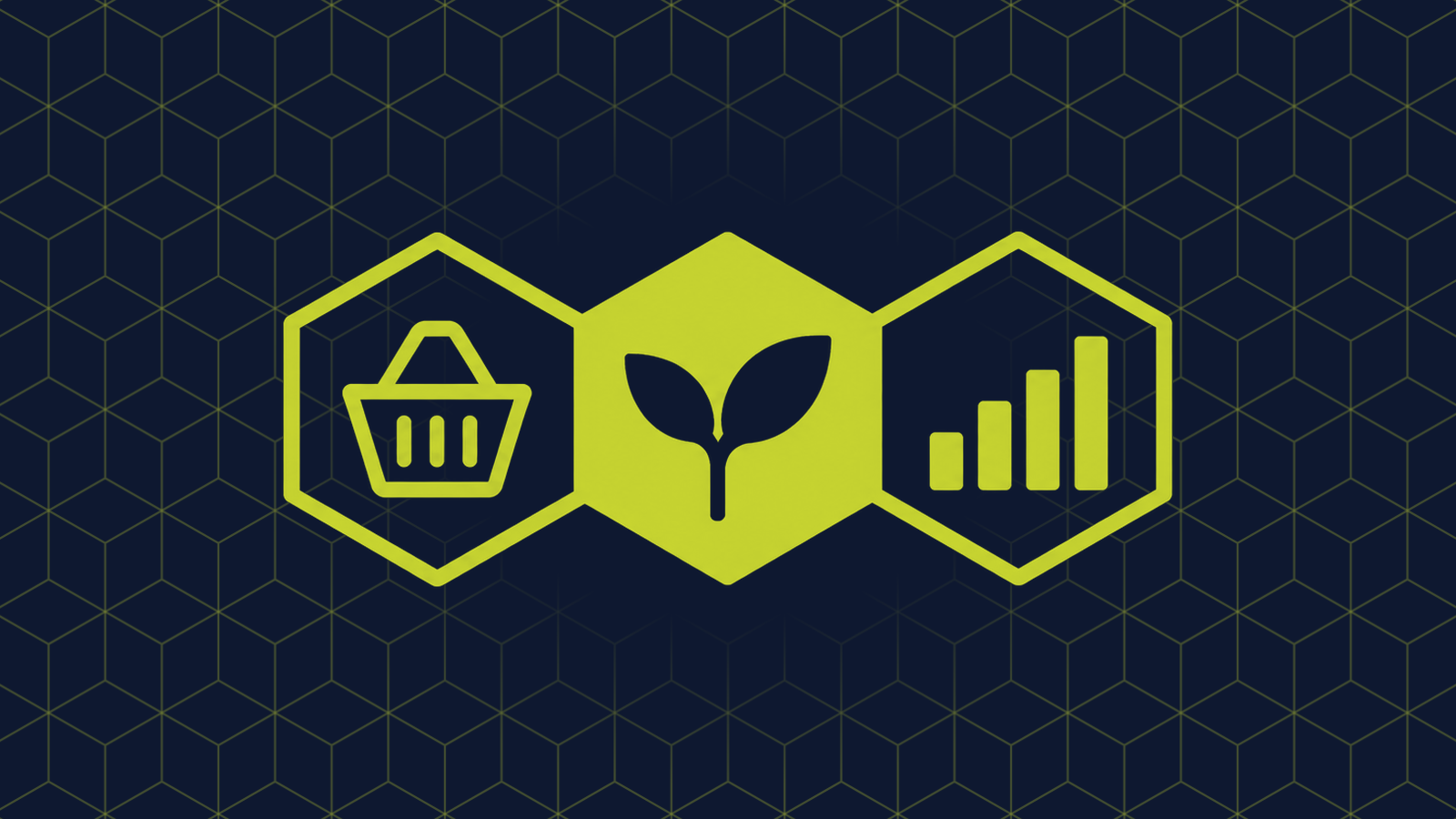 Three honeycomb cells in a row: a filled centre cell holding a seedling with two leaves, with a shopping basket and a bar chart rising left to right in the cells either side.