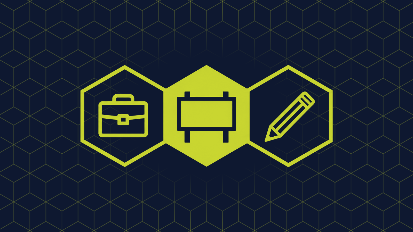 Three honeycomb cells in a row: a filled centre cell holding an empty billboard frame on two posts, with a briefcase and a pencil in the cells either side.