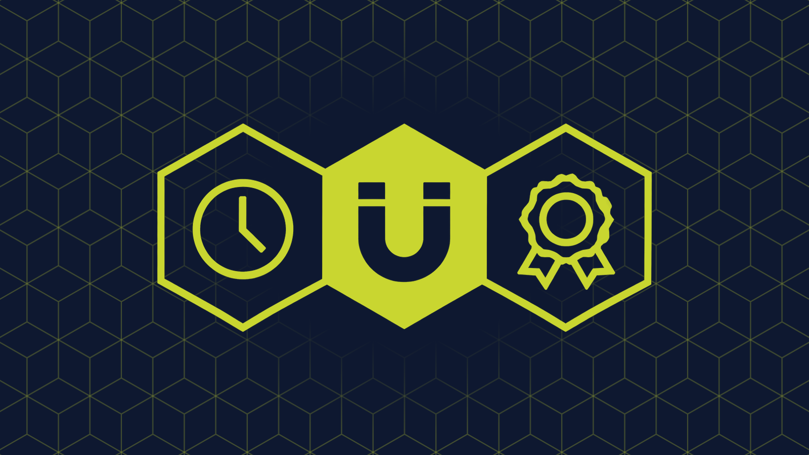 Three honeycomb cells in a row: a filled centre cell holding a horseshoe magnet, with a small clock face and a ribbon badge in the cells either side.