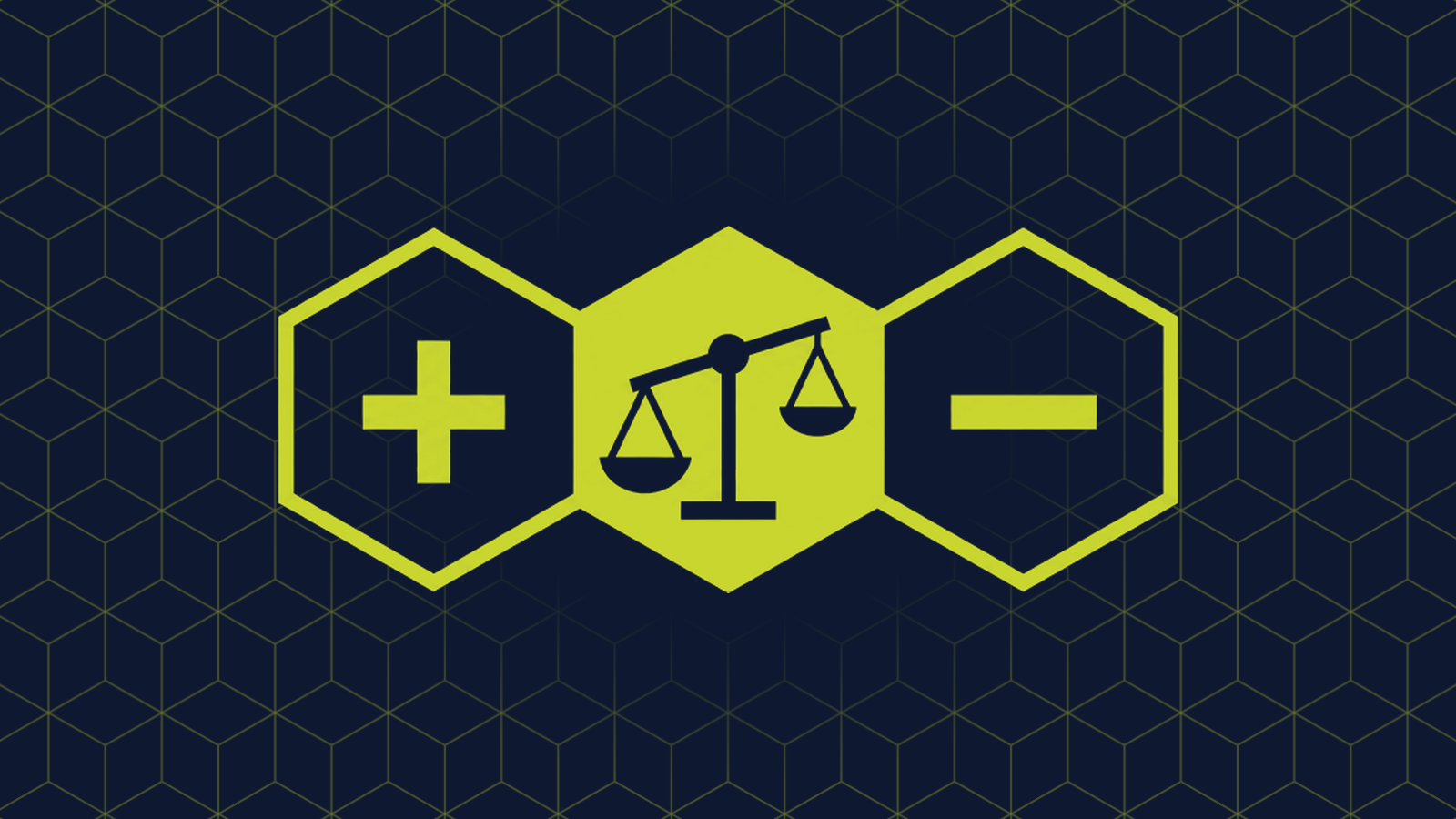 Three honeycomb cells in a row: a filled centre cell holding a balance scale tipped steeply down to the left, with a plus sign and a minus sign in the cells either side.
