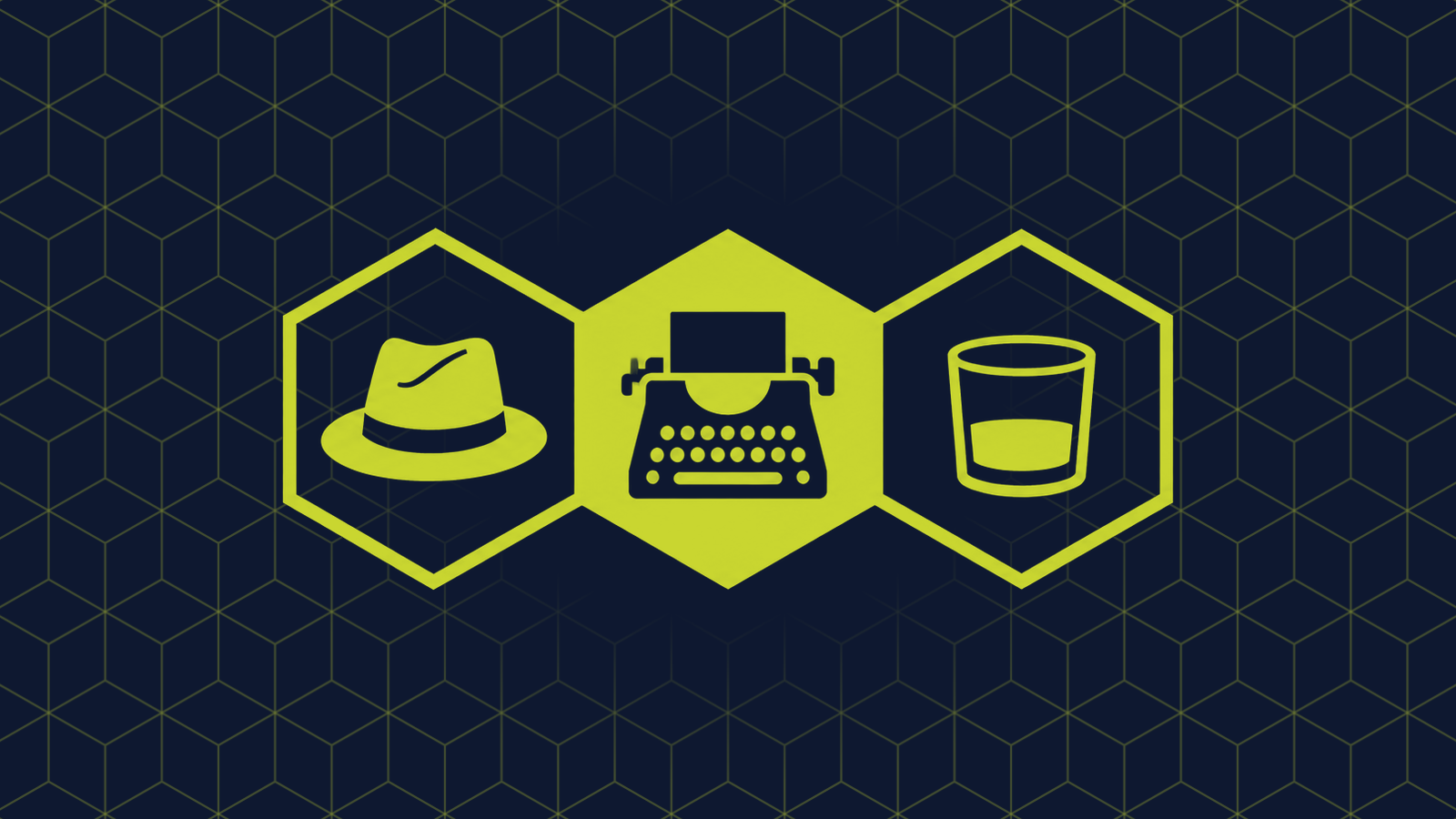Three honeycomb cells in a row: a filled centre cell holding a typewriter, with a fedora hat and a tumbler glass in the cells either side.