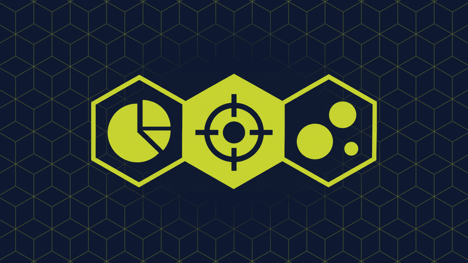 Three honeycomb cells in a row: a filled centre cell holding a target with crosshair lines, with a pie chart and three circles of different sizes in the cells either side.