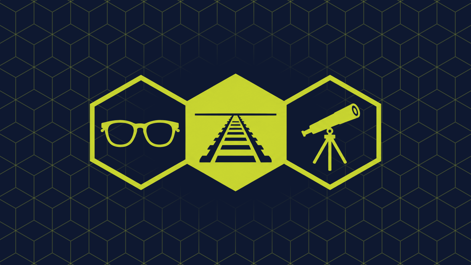 Three honeycomb cells in a row: a filled centre cell holding a railway track narrowing toward a horizon line, with a pair of eyeglasses and a telescope in the cells either side.