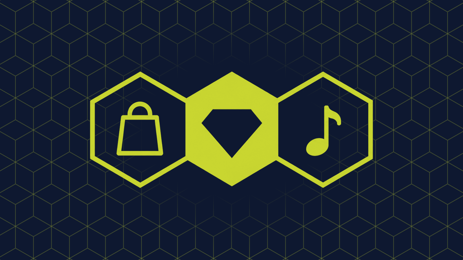 Three honeycomb cells in a row: a filled centre cell holding a cut diamond, with a shopping bag and a single musical note in the cells either side.