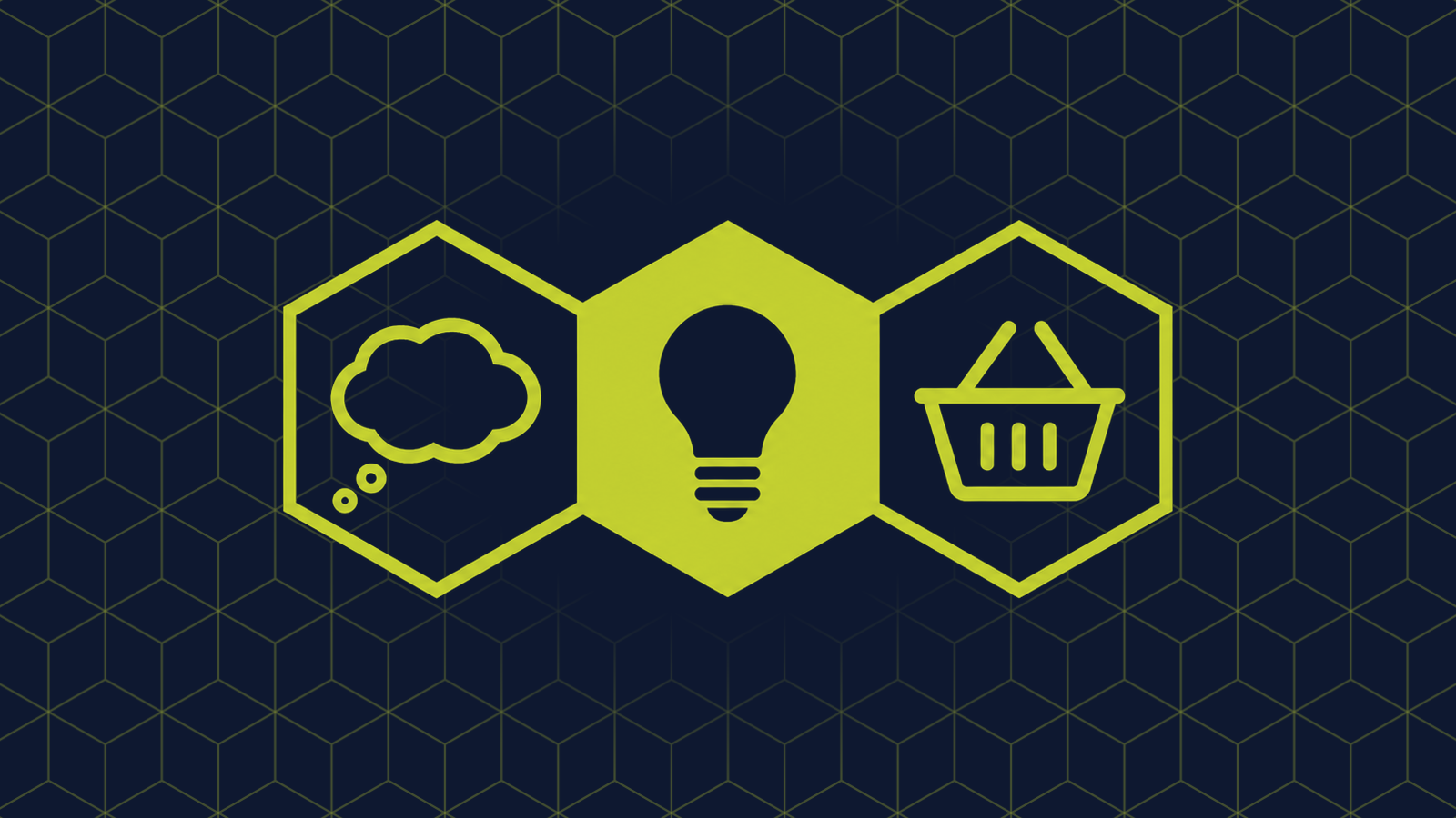 Three honeycomb cells in a row: a filled centre cell holding a lightbulb, with a thought bubble and a shopping basket in the cells either side.