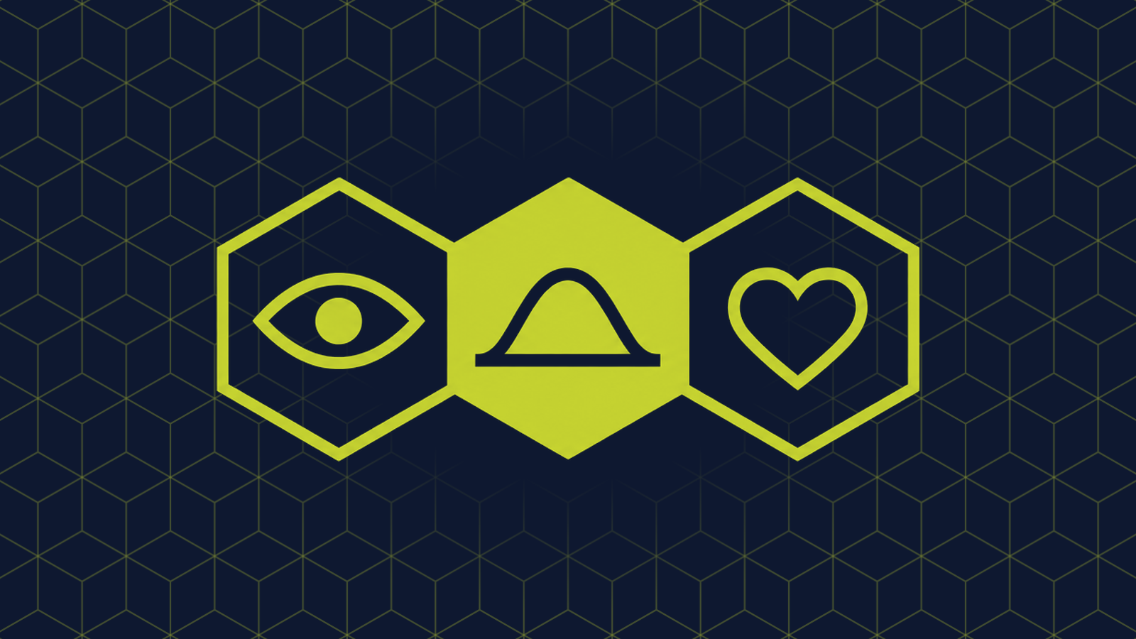 Three honeycomb cells in a row: a filled centre cell holding a smooth arch rising and falling over a baseline, with an eye and a heart in the cells either side.