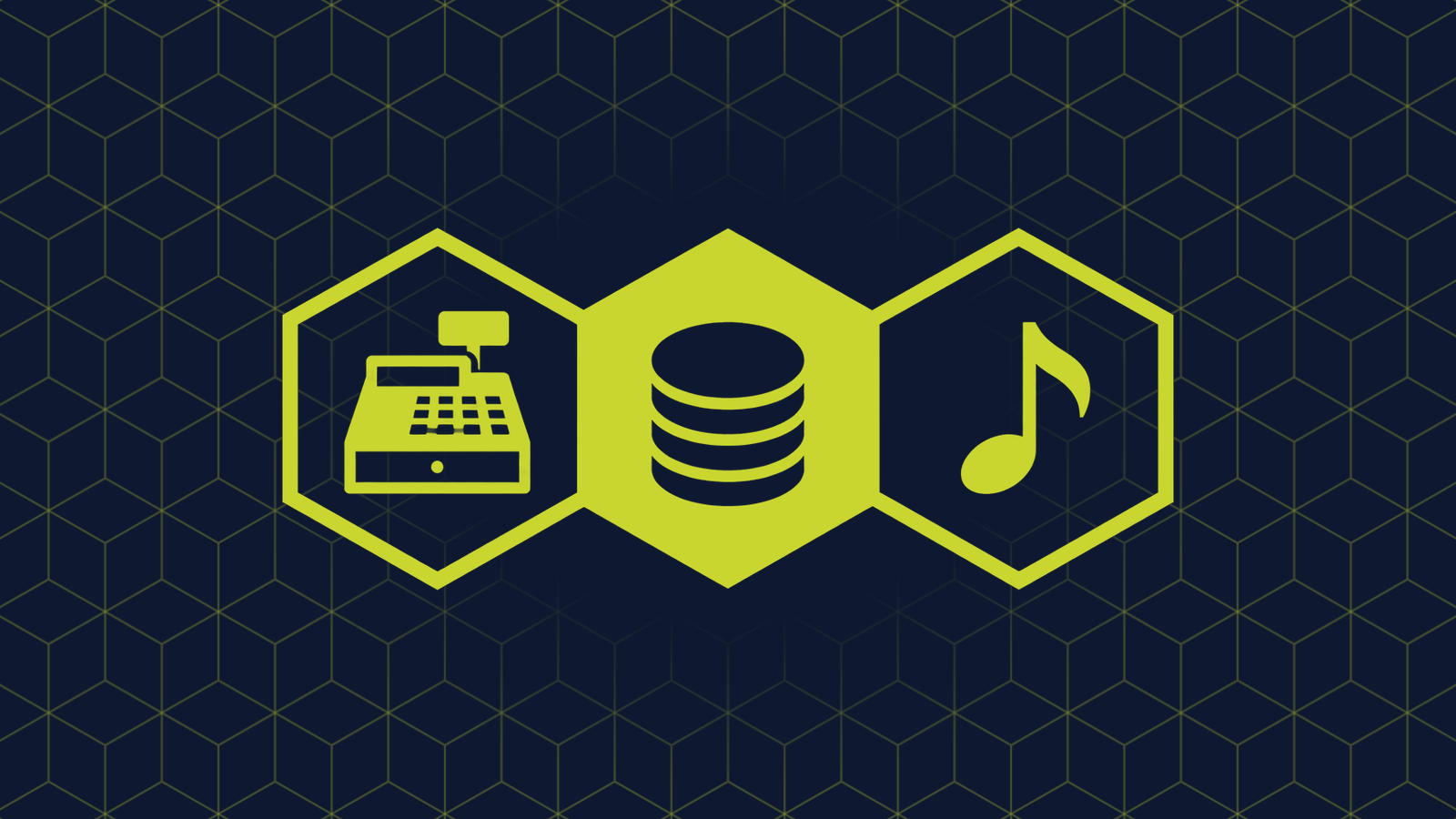 Three honeycomb cells in a row: a filled centre cell holding a stack of round coins, with a cash register and a single musical note in the cells either side.