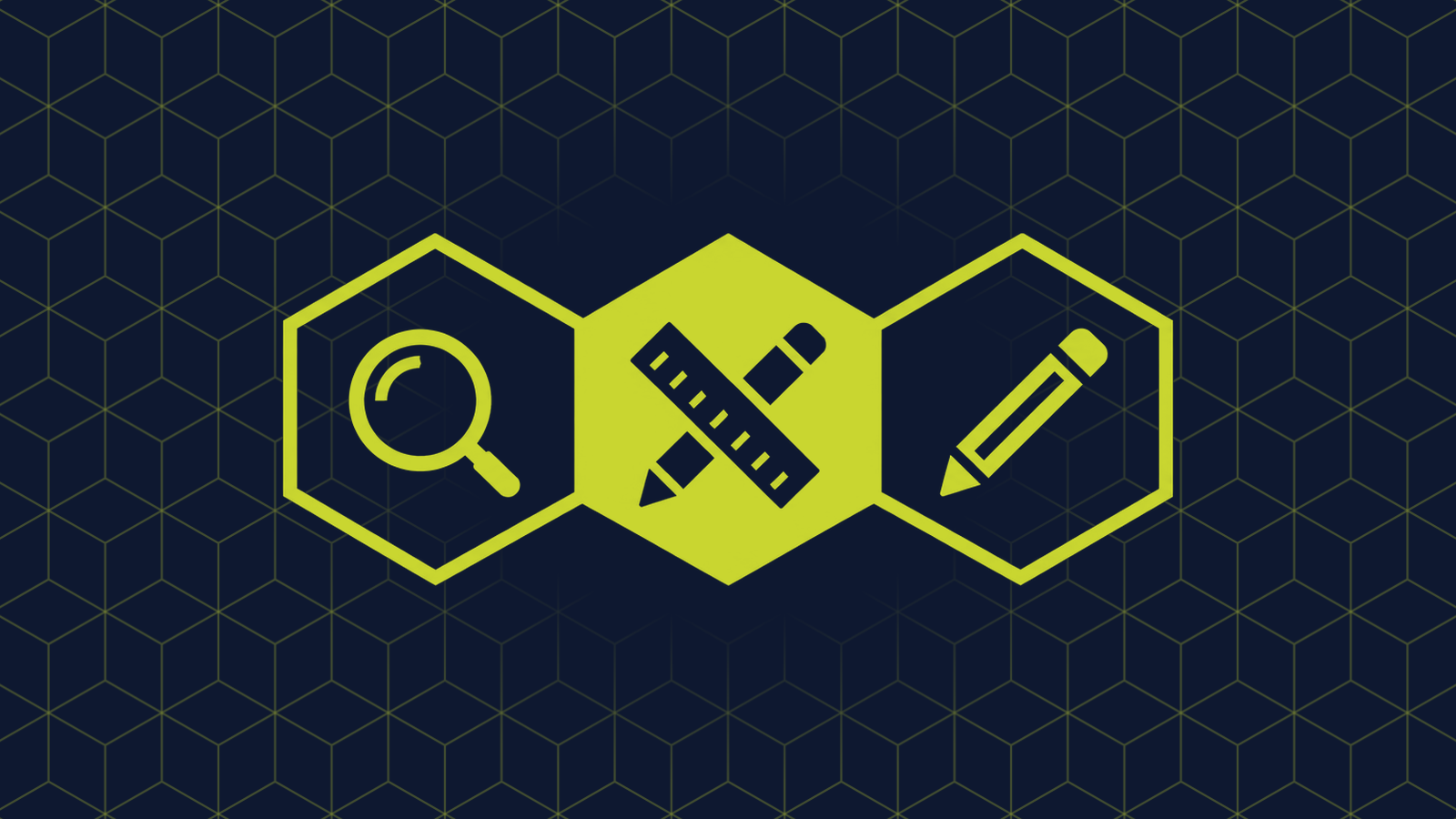 Three honeycomb cells in a row: a filled centre cell holding a ruler crossed with a pencil, with a magnifying glass and a pencil in the cells either side.