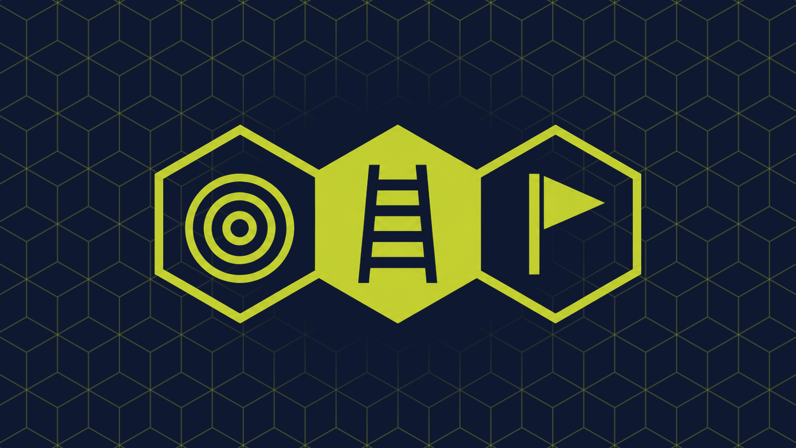 Three honeycomb cells in a row: a filled centre cell holding a ladder, with a target of concentric circles and a flag on a pole in the cells either side.