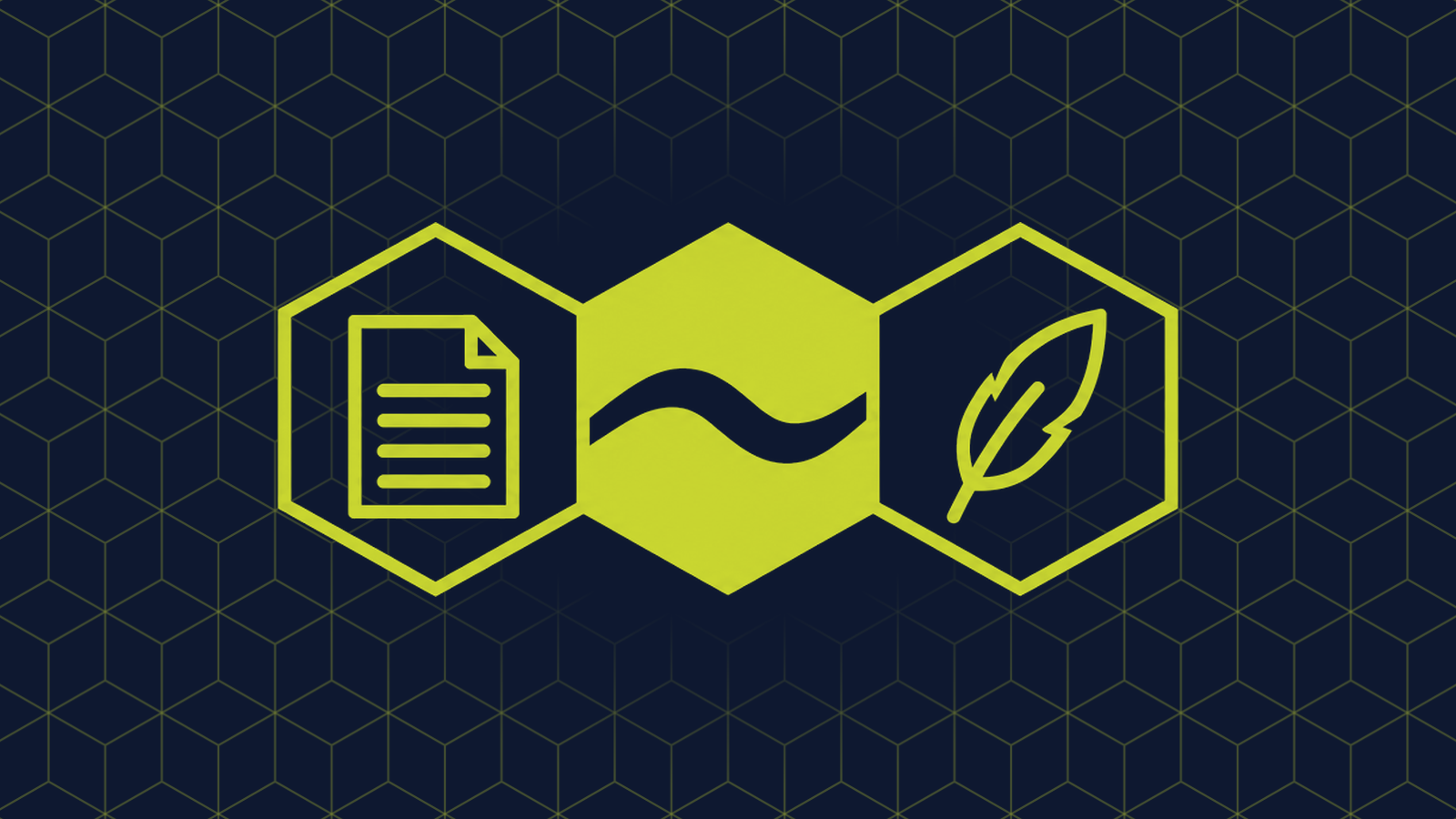 Three honeycomb cells in a row: a filled centre cell holding a smooth flowing wave line, with a document page with horizontal lines and a feather in the cells either side.