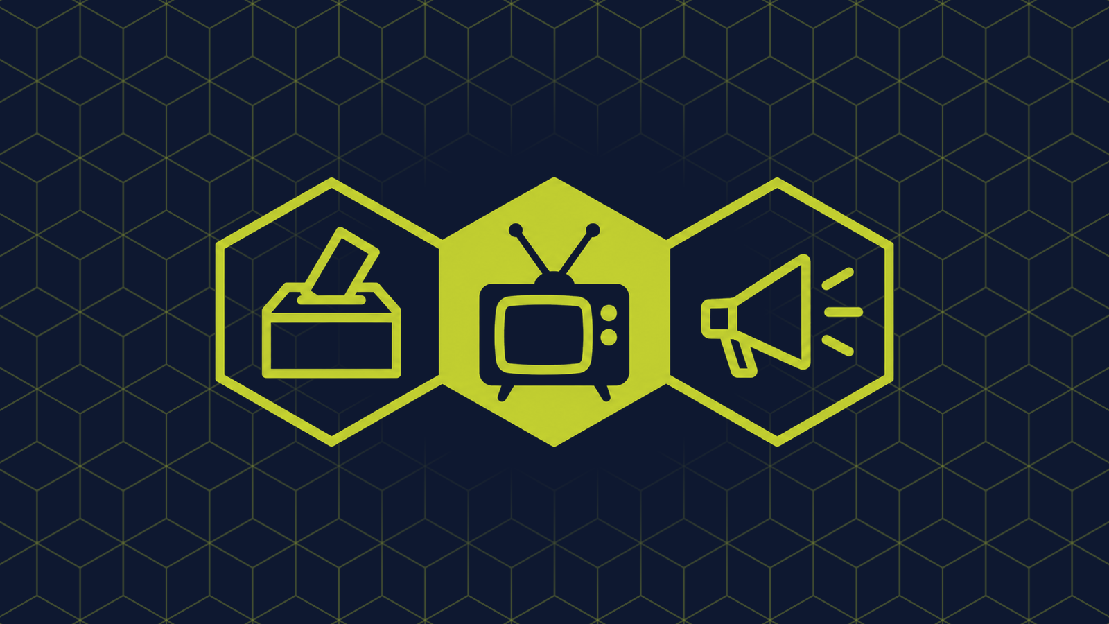 Three honeycomb cells in a row: a filled centre cell holding an old television set with two antennae, with a ballot box with a voting slip going into it and a megaphone in the cells either side.
