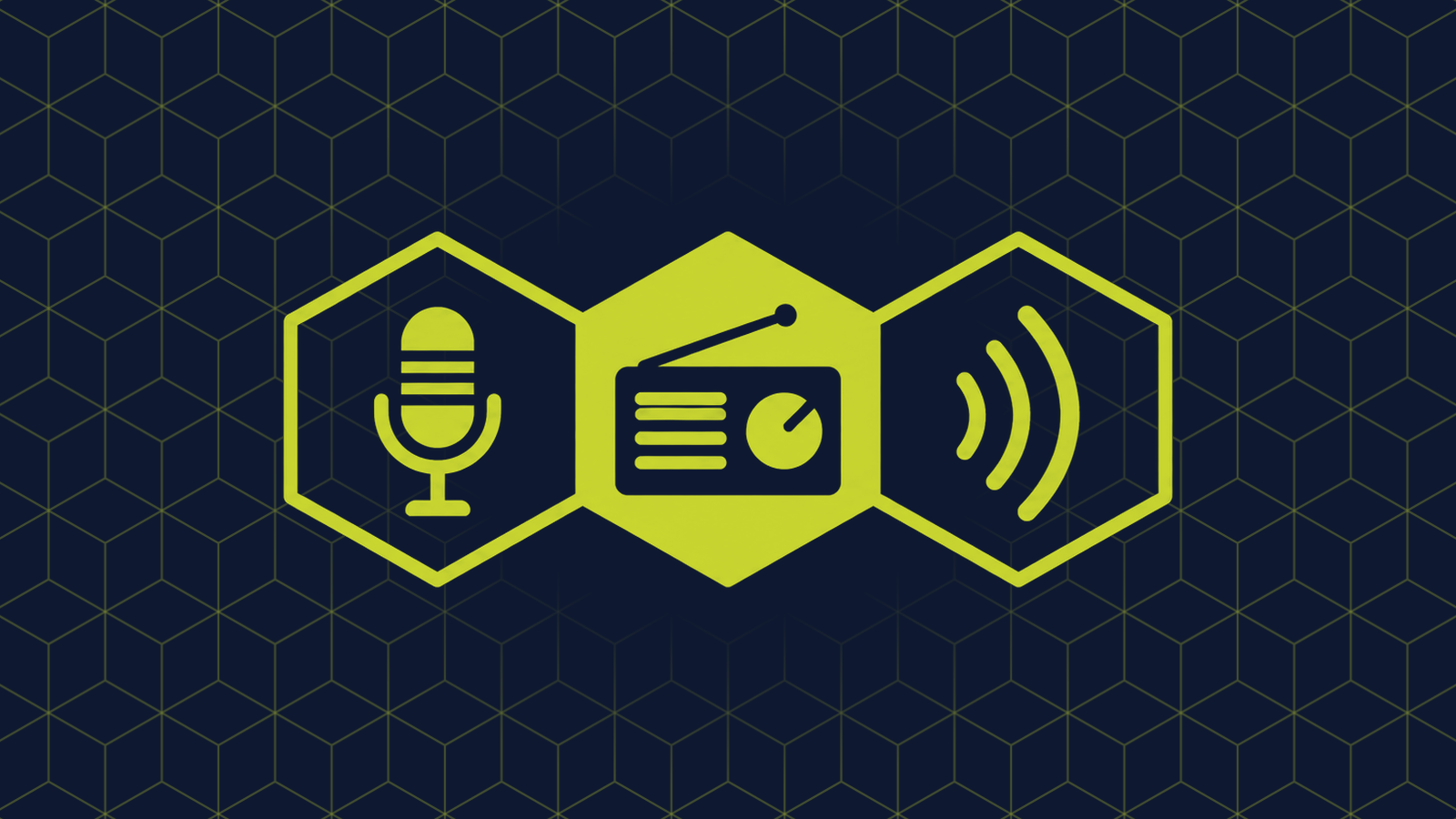 Three honeycomb cells in a row: a filled centre cell holding an old box radio with a dial, with a broadcast microphone and three curved radio wave arcs in the cells either side.