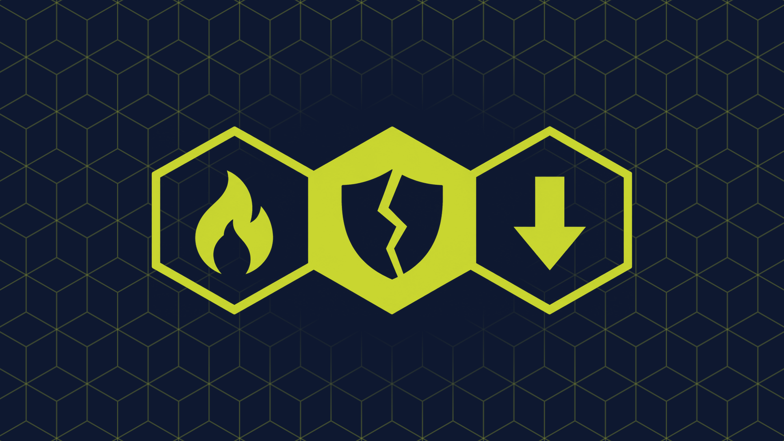 Three honeycomb cells in a row: a filled centre cell holding a shield with a crack running through it, with a small flame and a downward arrow in the cells either side.
