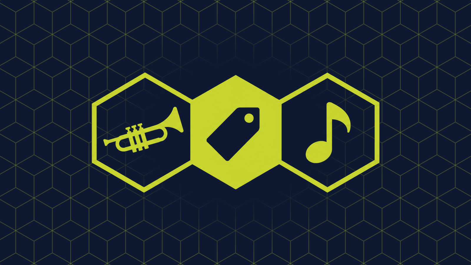 Three honeycomb cells in a row: a filled centre cell holding a price tag, with a trumpet and a single musical note in the cells either side.