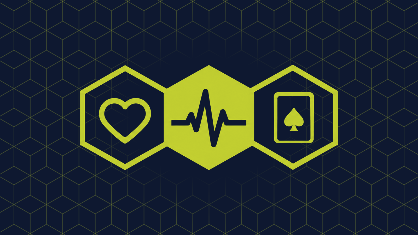 Three honeycomb cells in a row: a filled centre cell holding a pulse line like a heart monitor trace, with a heart and a playing card in the cells either side.