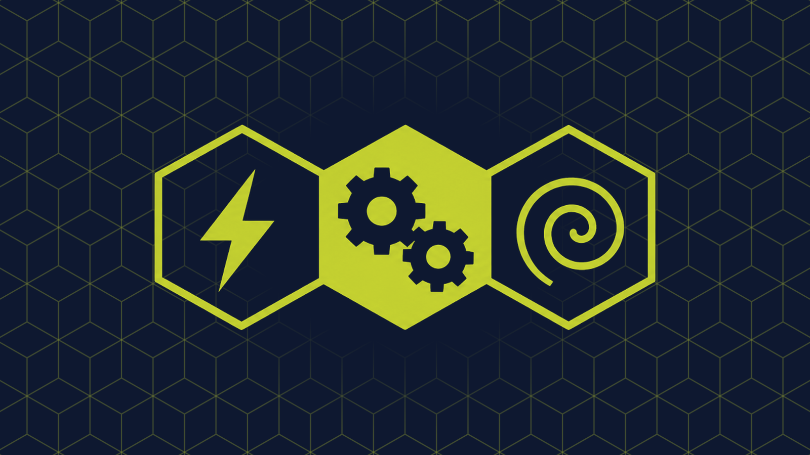 Three honeycomb cells in a row: a filled centre cell holding two interlocking gears, with a lightning bolt and a slow spiral in the cells either side.