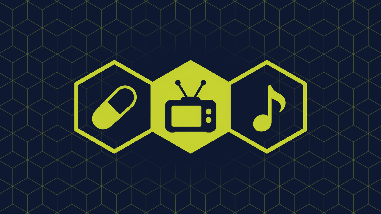 Three honeycomb cells in a row: a filled centre cell holding an old television set with two antennae, with a medicine capsule and a single musical note in the cells either side.