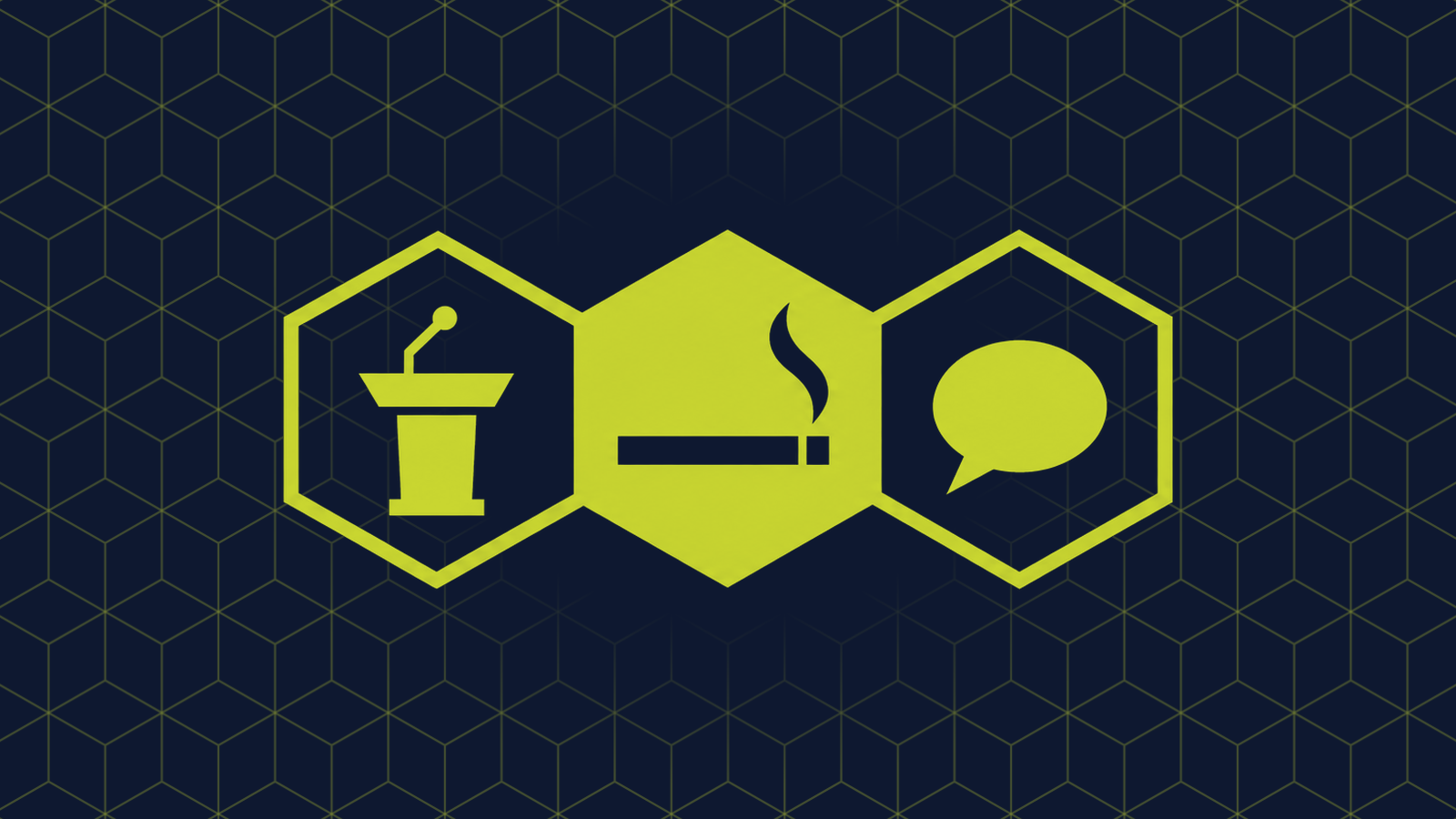 Three honeycomb cells in a row: a filled centre cell holding a cigarette with a thin wisp of smoke, with a podium with a microphone and a speech bubble in the cells either side.