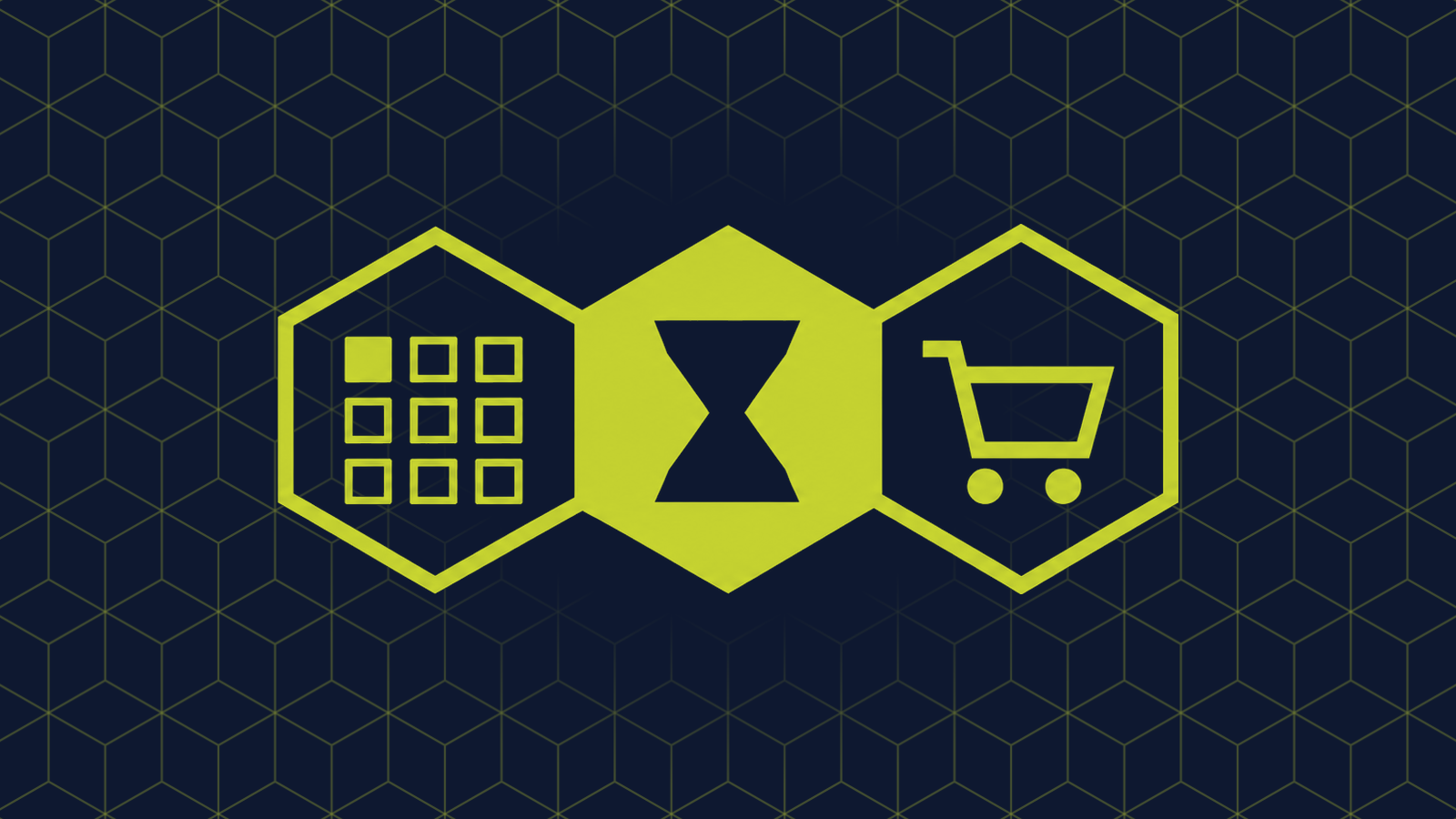 Three honeycomb cells in a row: a filled centre cell holding an hourglass, with a grid of nine small squares with one square filled and a shopping cart in the cells either side.
