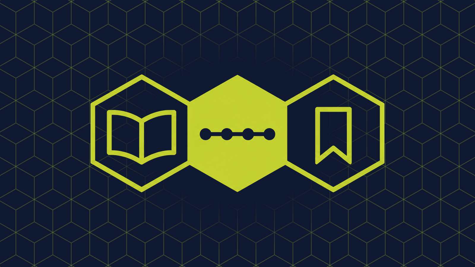 Three honeycomb cells in a row: a filled centre cell holding a horizontal line with four evenly spaced dots on it, with an open book and a bookmark ribbon in the cells either side.