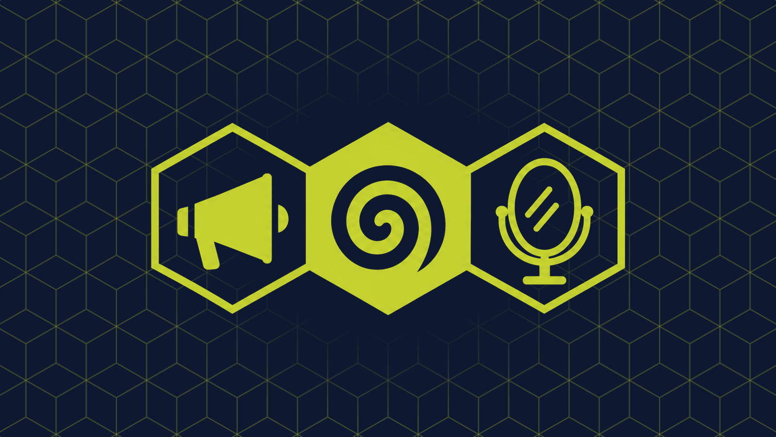 Three honeycomb cells in a row: a filled centre cell holding a spiral, with a megaphone and an oval hand mirror on a stand in the cells either side.