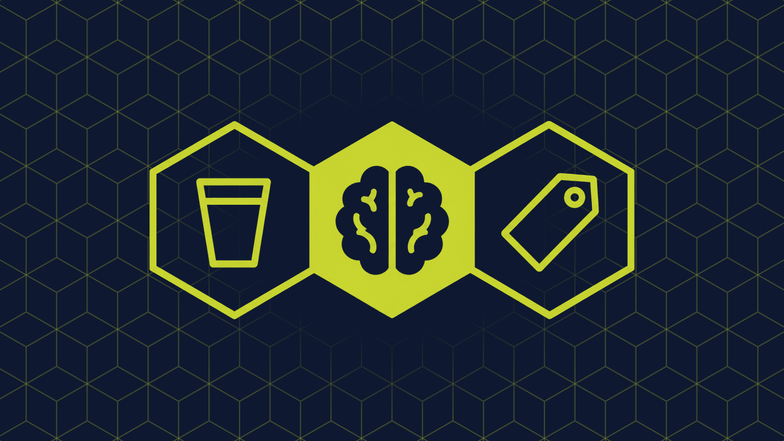 Three honeycomb cells in a row: a filled centre cell holding a brain outline, with a drinking glass and a price tag in the cells either side.