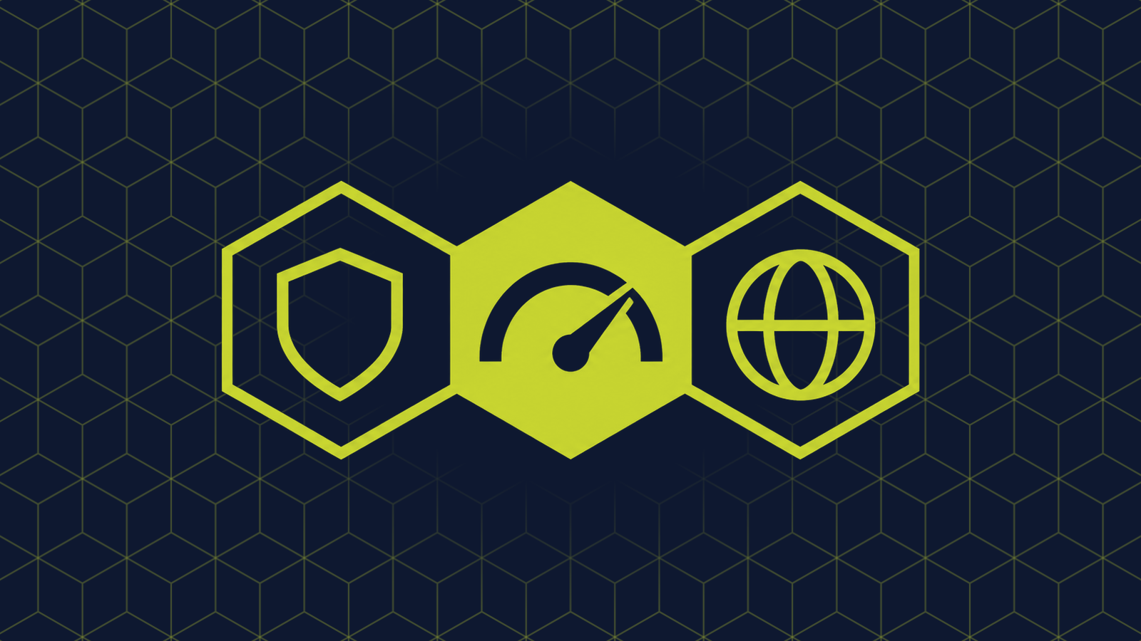 Three honeycomb cells in a row: a filled centre cell holding a semicircular gauge with a needle, with a shield and a globe with two curved meridian lines in the cells either side.