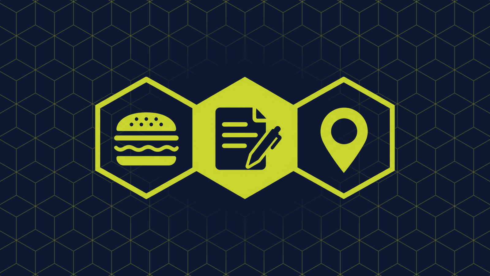 Three honeycomb cells in a row: a filled centre cell holding a contract page with a pen, with a hamburger and a map pin in the cells either side.