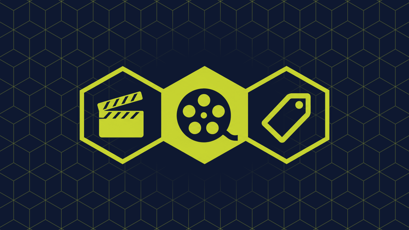 Three honeycomb cells in a row: a filled centre cell holding a film reel, with a film clapperboard and a price tag in the cells either side.