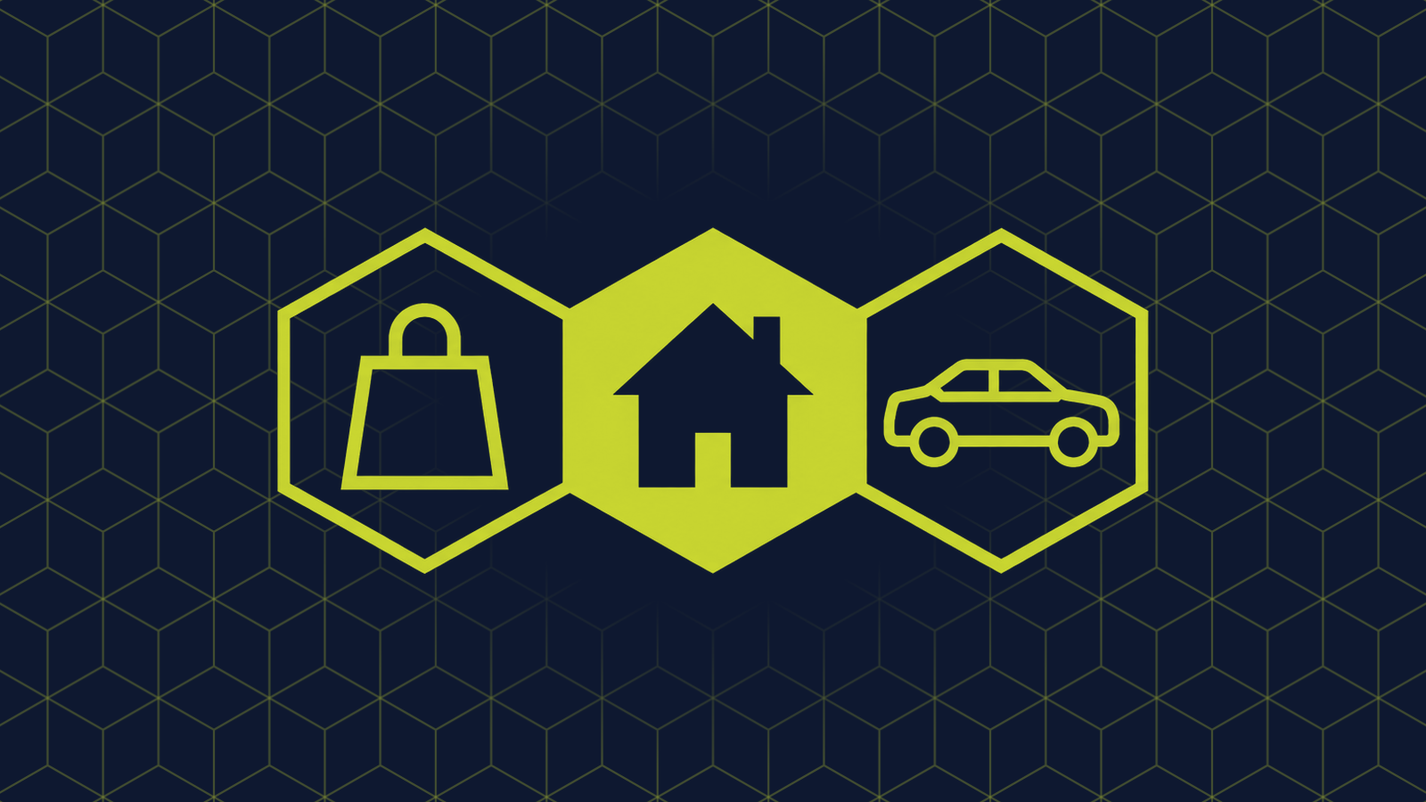 Three honeycomb cells in a row: a filled centre cell holding a house, with a shopping bag and a car in side profile in the cells either side.
