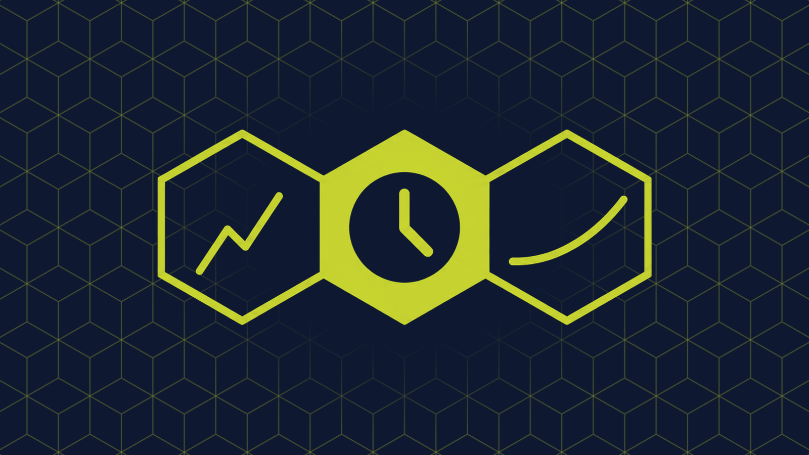 Three honeycomb cells in a row: a filled centre cell holding a clock face with two hands, with a short steep upward spike line and a long gentle upward curve in the cells either side.